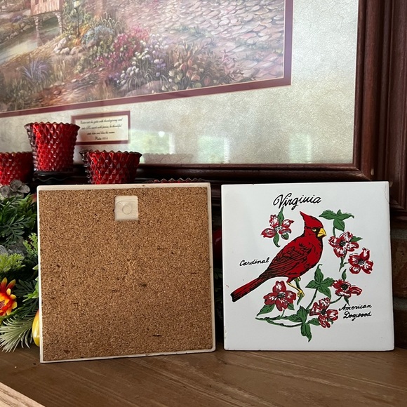 2x Vintage Hand Painted Ceramic Tile, Coaster, or Wall Decor, Red Cardinal - Picture 4 of 5